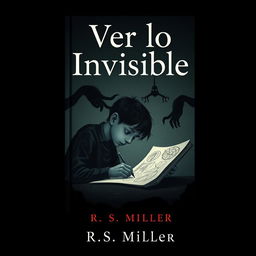 A minimalist and dark book cover featuring a young adult deeply immersed in drawing eerie and macabre images