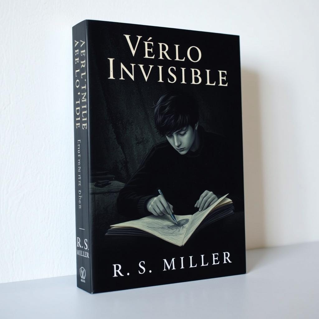 A minimalist and dark book cover featuring a young adult deeply immersed in drawing eerie and macabre images