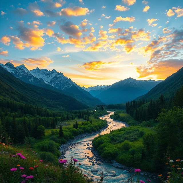 A breathtaking mountain valley scene during the golden hour, showcasing towering snow-capped mountains in the background with lush green foliage in the foreground