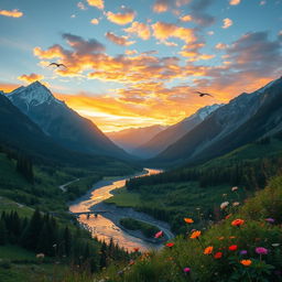 A breathtaking mountain valley scene during the golden hour, showcasing towering snow-capped mountains in the background with lush green foliage in the foreground