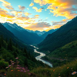 A breathtaking mountain valley scene during the golden hour, showcasing towering snow-capped mountains in the background with lush green foliage in the foreground
