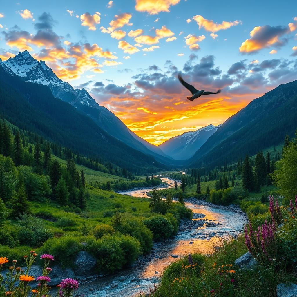 A breathtaking mountain valley scene during the golden hour, showcasing towering snow-capped mountains in the background with lush green foliage in the foreground