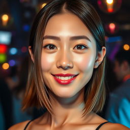A portrait of a beautiful young Japanese woman with shiny medium-length hair styled in a graduated haircut