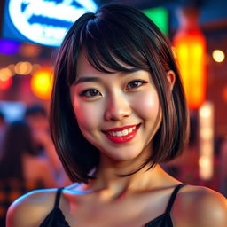 A portrait of a beautiful young Japanese woman with shiny medium-length hair styled in a graduated haircut