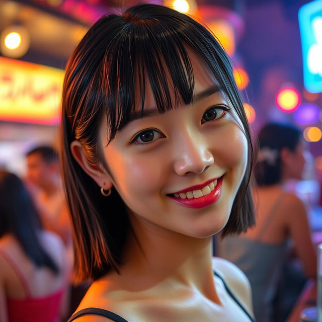 A portrait of a beautiful young Japanese woman with shiny medium-length hair styled in a graduated haircut