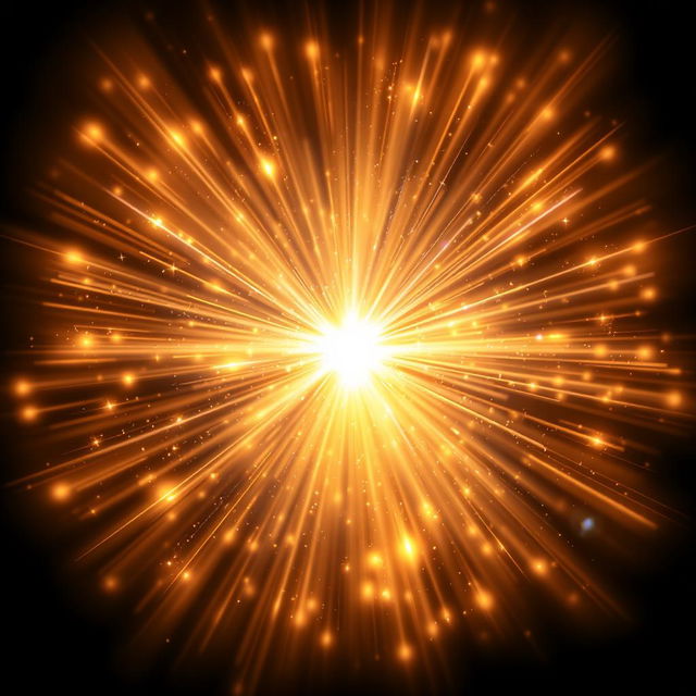 A stunning light burst effect, featuring a vibrant explosion of warm golden and white light with delicate sparkles and glowing particles radiating outward in a transparent background