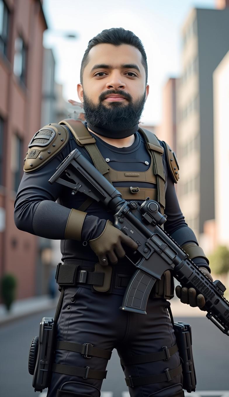 A skilled esports player dressed in a tactical black ops suit, standing confidently in an urban environment