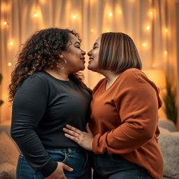 A loving scene featuring two plus-sized women sharing a tender kiss
