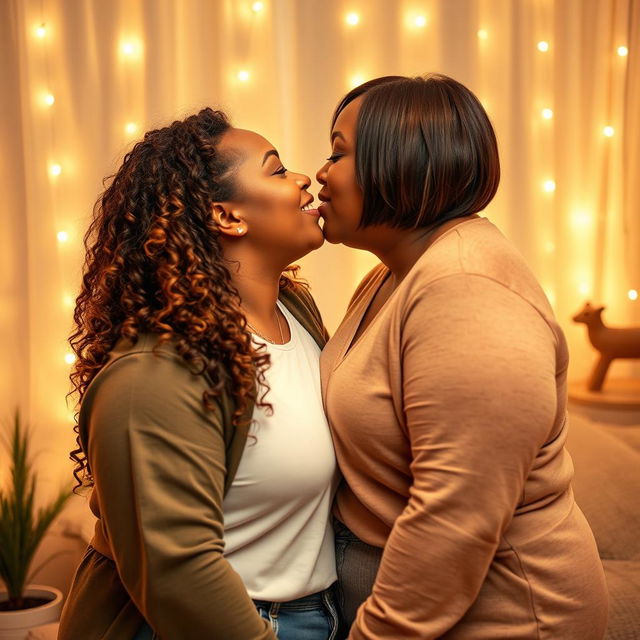 A loving scene featuring two plus-sized women sharing a tender kiss