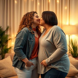 A loving scene featuring two plus-sized women sharing a tender kiss