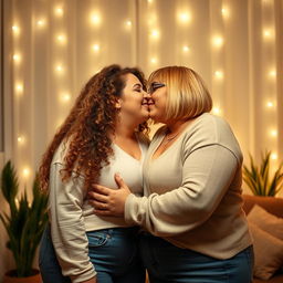 A loving scene featuring two plus-sized women sharing a tender kiss