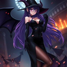 A sexy demonic anime girl witch with long, flowing purple hair that elegantly frames her face, enhanced by stylish glasses that add a touch of sophistication