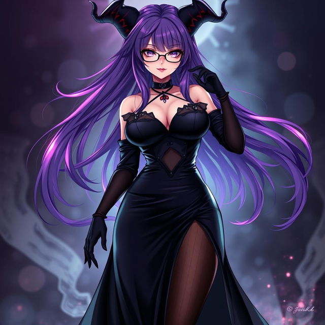 A sexy demonic anime girl witch with long, flowing purple hair that elegantly frames her face, enhanced by stylish glasses that add a touch of sophistication