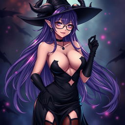 A sexy demonic anime girl witch with long, flowing purple hair that elegantly frames her face, enhanced by stylish glasses that add a touch of sophistication