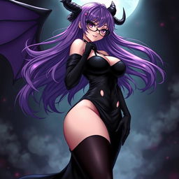 A sexy demonic anime girl witch with long, flowing purple hair that elegantly frames her face, enhanced by stylish glasses that add a touch of sophistication