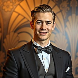 A portrait of a gentleman named Bradley, dressed in a classic 1920s suit with a bow tie, elegantly posed against a vintage background filled with art deco elements