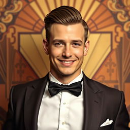 A portrait of a gentleman named Bradley, dressed in a classic 1920s suit with a bow tie, elegantly posed against a vintage background filled with art deco elements