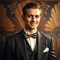 A portrait of a gentleman named Bradley, dressed in a classic 1920s suit with a bow tie, elegantly posed against a vintage background filled with art deco elements