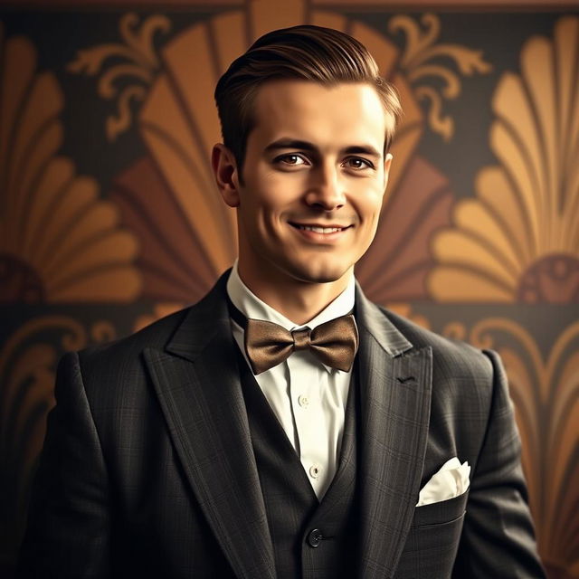 A portrait of a gentleman named Bradley, dressed in a classic 1920s suit with a bow tie, elegantly posed against a vintage background filled with art deco elements