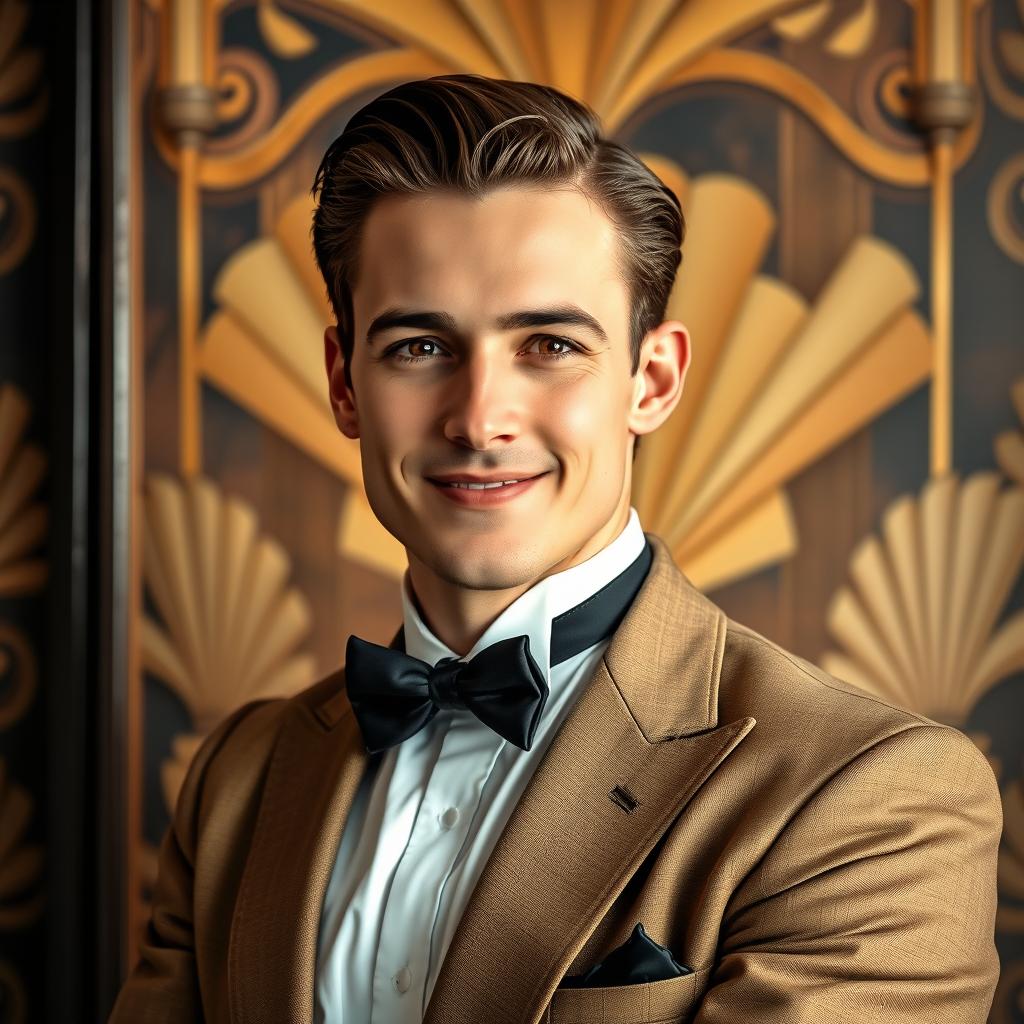 A portrait of a gentleman named Bradley, dressed in a classic 1920s suit with a bow tie, elegantly posed against a vintage background filled with art deco elements