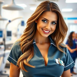 A stunningly beautiful English nurse with large, round breasts, wearing a stylish nursing uniform