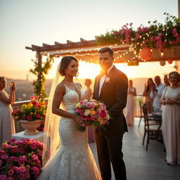 A beautiful wedding scene captured during golden hour, featuring a stunning couple standing on a picturesque outdoor terrace adorned with vibrant flowers