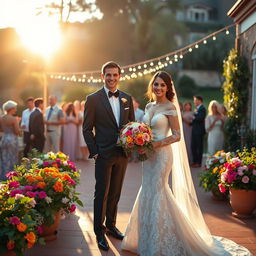 A beautiful wedding scene captured during golden hour, featuring a stunning couple standing on a picturesque outdoor terrace adorned with vibrant flowers