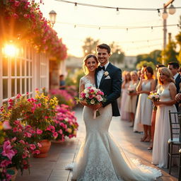 A beautiful wedding scene captured during golden hour, featuring a stunning couple standing on a picturesque outdoor terrace adorned with vibrant flowers