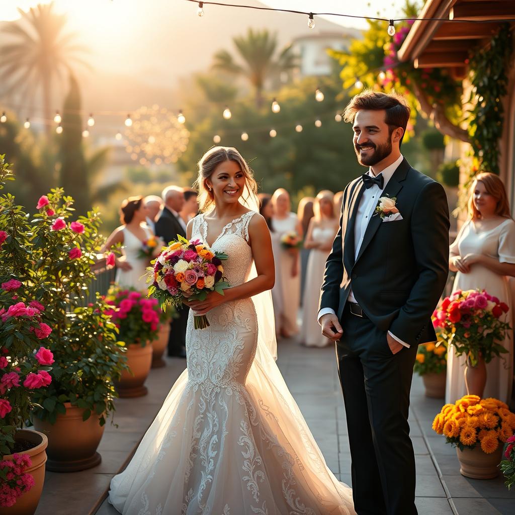 A beautiful wedding scene captured during golden hour, featuring a stunning couple standing on a picturesque outdoor terrace adorned with vibrant flowers