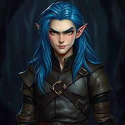 A semi-elf male appearing around 16 years old, with long, flowing blue hair that gives an air of mystique