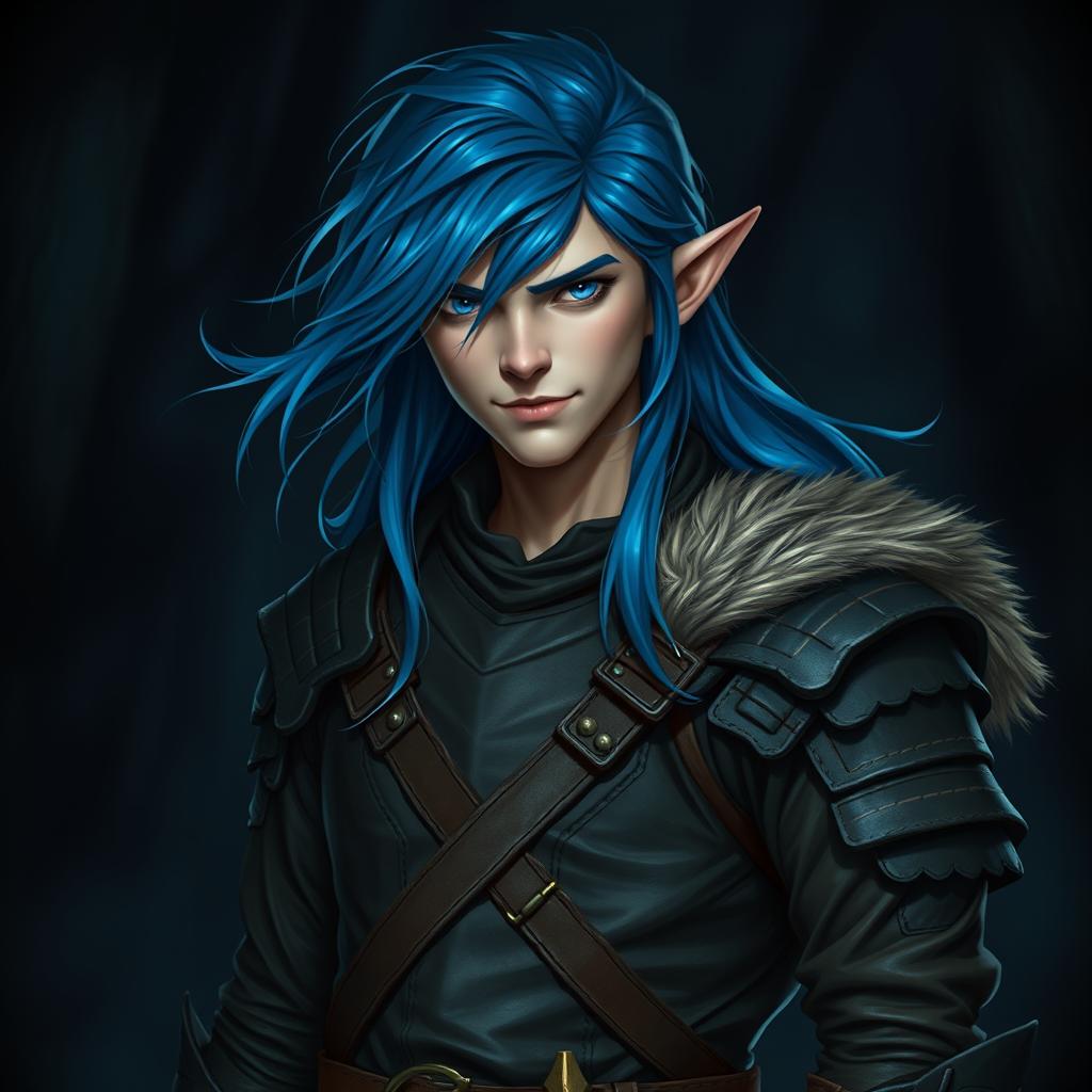 A semi-elf male appearing around 16 years old, with long, flowing blue hair that gives an air of mystique