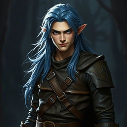 A semi-elf male appearing around 16 years old, with long, flowing blue hair that gives an air of mystique