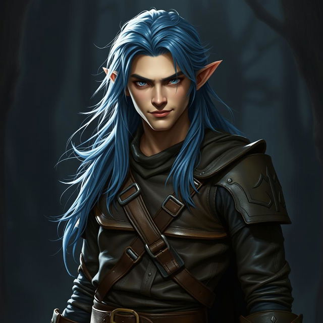 A semi-elf male appearing around 16 years old, with long, flowing blue hair that gives an air of mystique