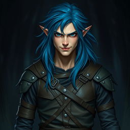 A semi-elf male appearing around 16 years old, with long, flowing blue hair that gives an air of mystique