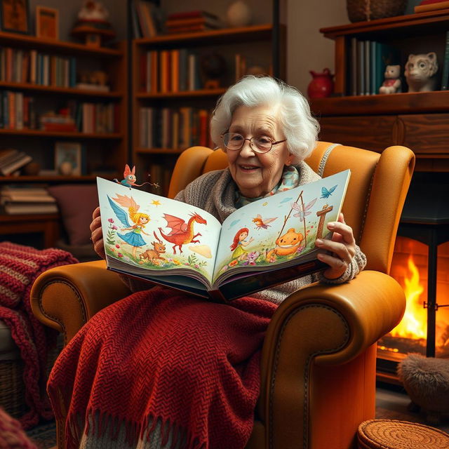 An elderly grandmother sitting in a cozy armchair, surrounded by a warm, inviting living room filled with soft lighting