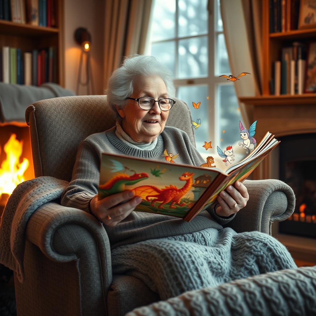 An elderly grandmother sitting in a cozy armchair, surrounded by a warm, inviting living room filled with soft lighting