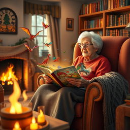An elderly grandmother sitting in a cozy armchair, surrounded by a warm, inviting living room filled with soft lighting