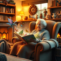 An elderly grandmother sitting in a cozy armchair, surrounded by a warm, inviting living room filled with soft lighting