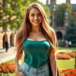 A stunningly beautiful English university student with large, round breasts, exuding a playful and flirtatious charm
