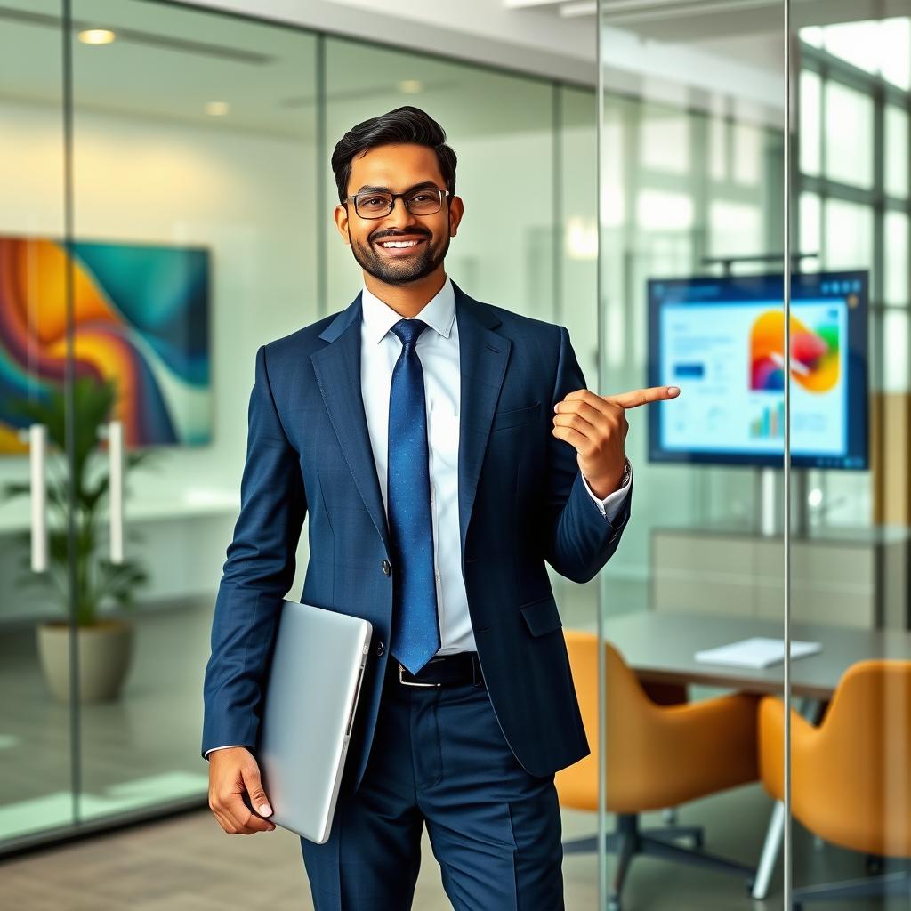 A confident Indian office man standing in a modern office environment