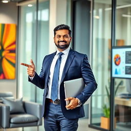 A confident Indian office man standing in a modern office environment