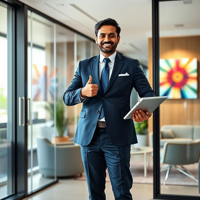 A confident Indian office man standing in a modern office environment