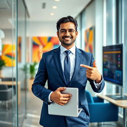 A confident Indian office man standing in a modern office environment