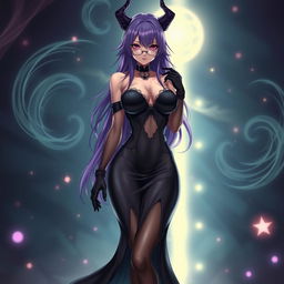 A sexy demonic anime girl witch characterized by long, flowing purple hair that frames her face beautifully, enhanced by elegant glasses that highlight her striking features