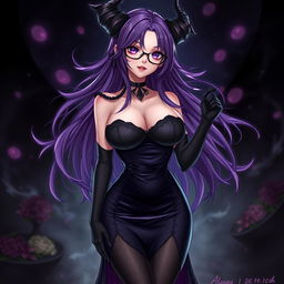 A sexy demonic anime girl witch characterized by long, flowing purple hair that frames her face beautifully, enhanced by elegant glasses that highlight her striking features