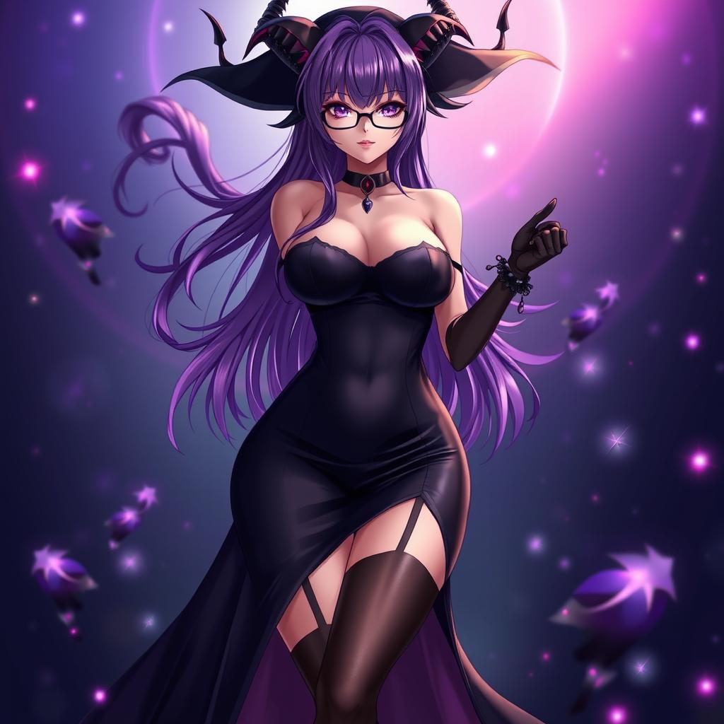 A sexy demonic anime girl witch characterized by long, flowing purple hair that frames her face beautifully, enhanced by elegant glasses that highlight her striking features