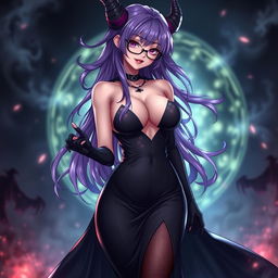 A sexy demonic anime girl witch characterized by long, flowing purple hair that frames her face beautifully, enhanced by elegant glasses that highlight her striking features