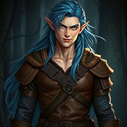 A semi-elf male appearing around 16 years old, with long, flowing blue hair that cascades elegantly over his shoulders