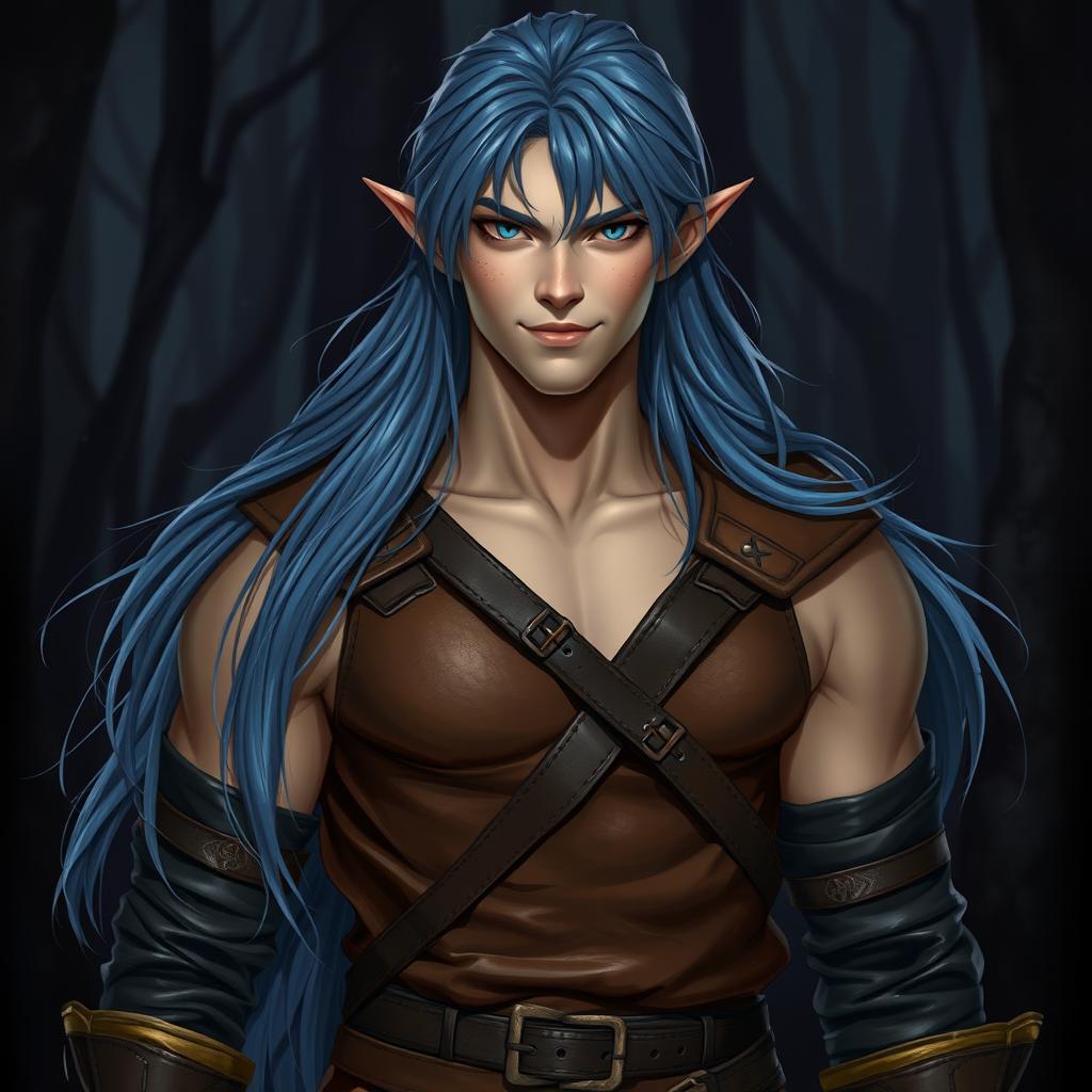 A semi-elf male appearing around 16 years old, with long, flowing blue hair that cascades elegantly over his shoulders