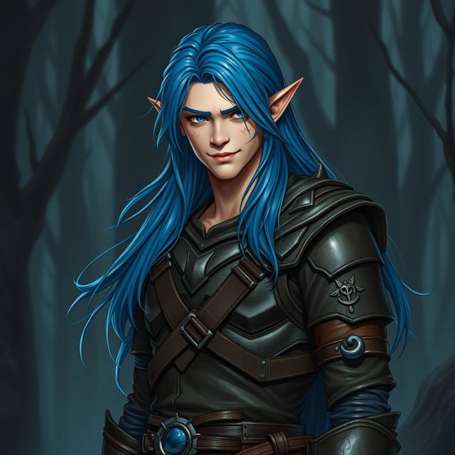 A semi-elf male appearing around 16 years old, with long, flowing blue hair that cascades elegantly over his shoulders